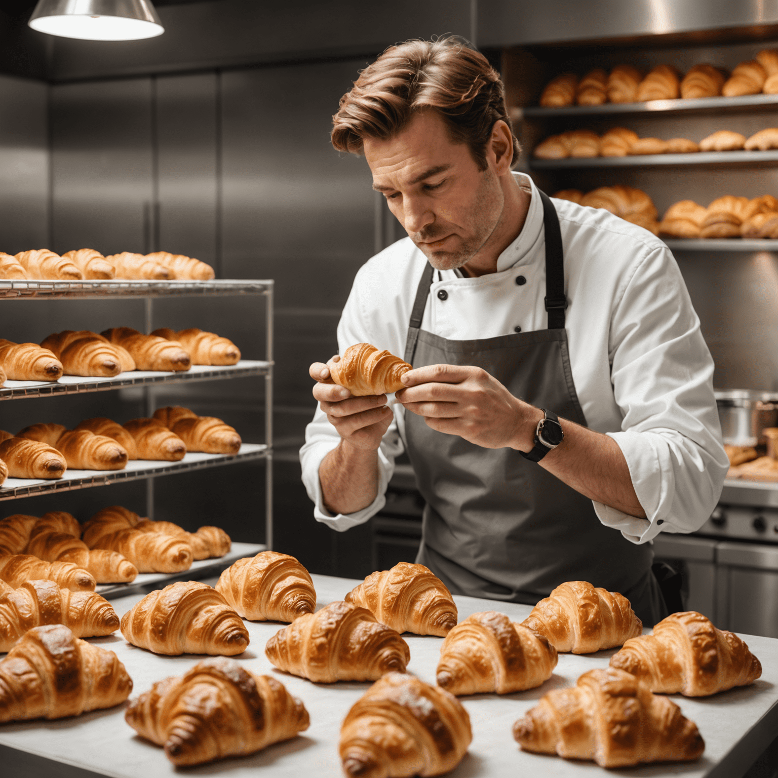 A professional food critic tasting a freshly baked croissant in a modern bakery kitchen, surrounded by various pastries and baked goods