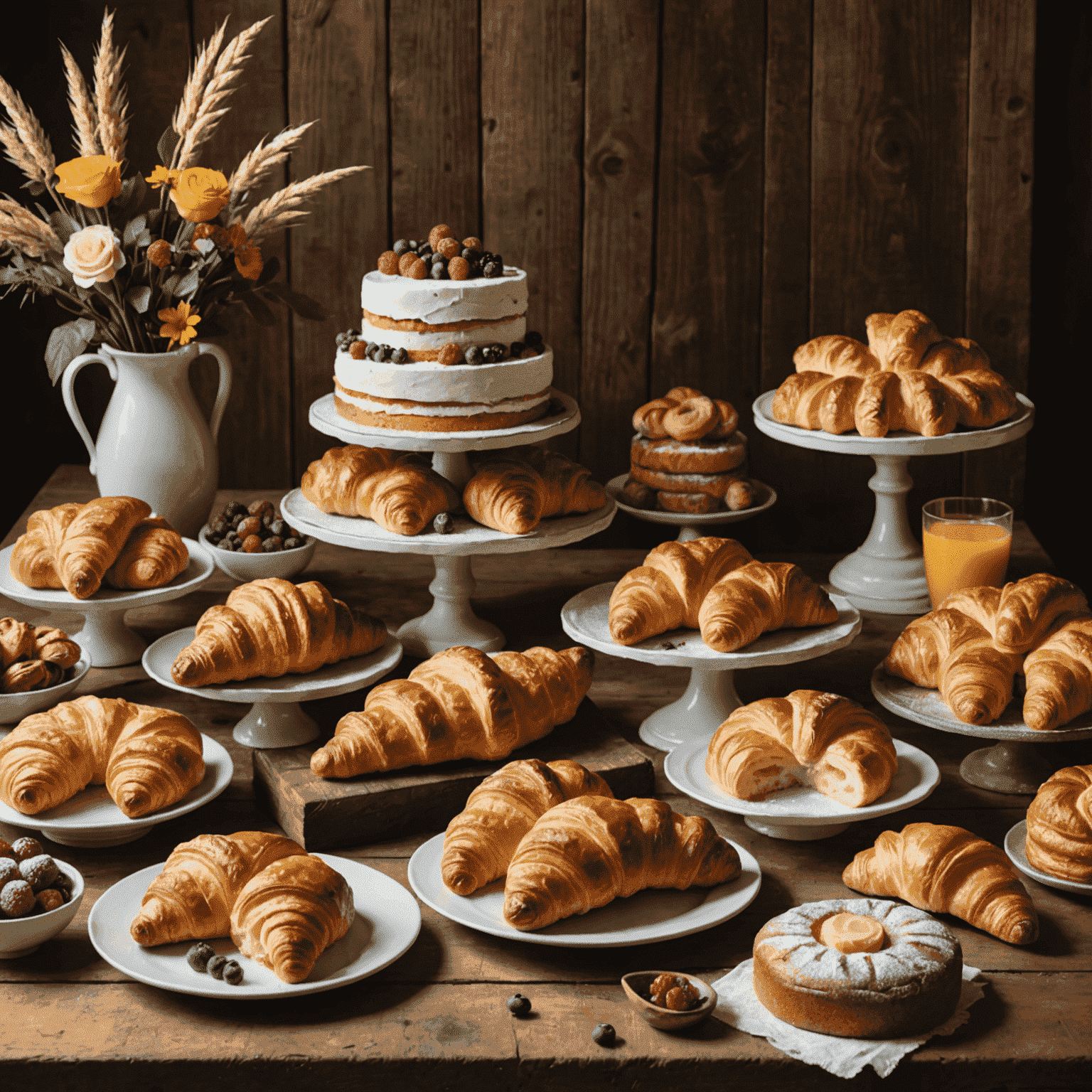 A display of various freshly baked goods including croissants, baguettes, and an elegantly decorated cake. The pastries are arranged on a rustic wooden table, showcasing the artisanal quality and variety of Hiri Baked Goods' offerings.