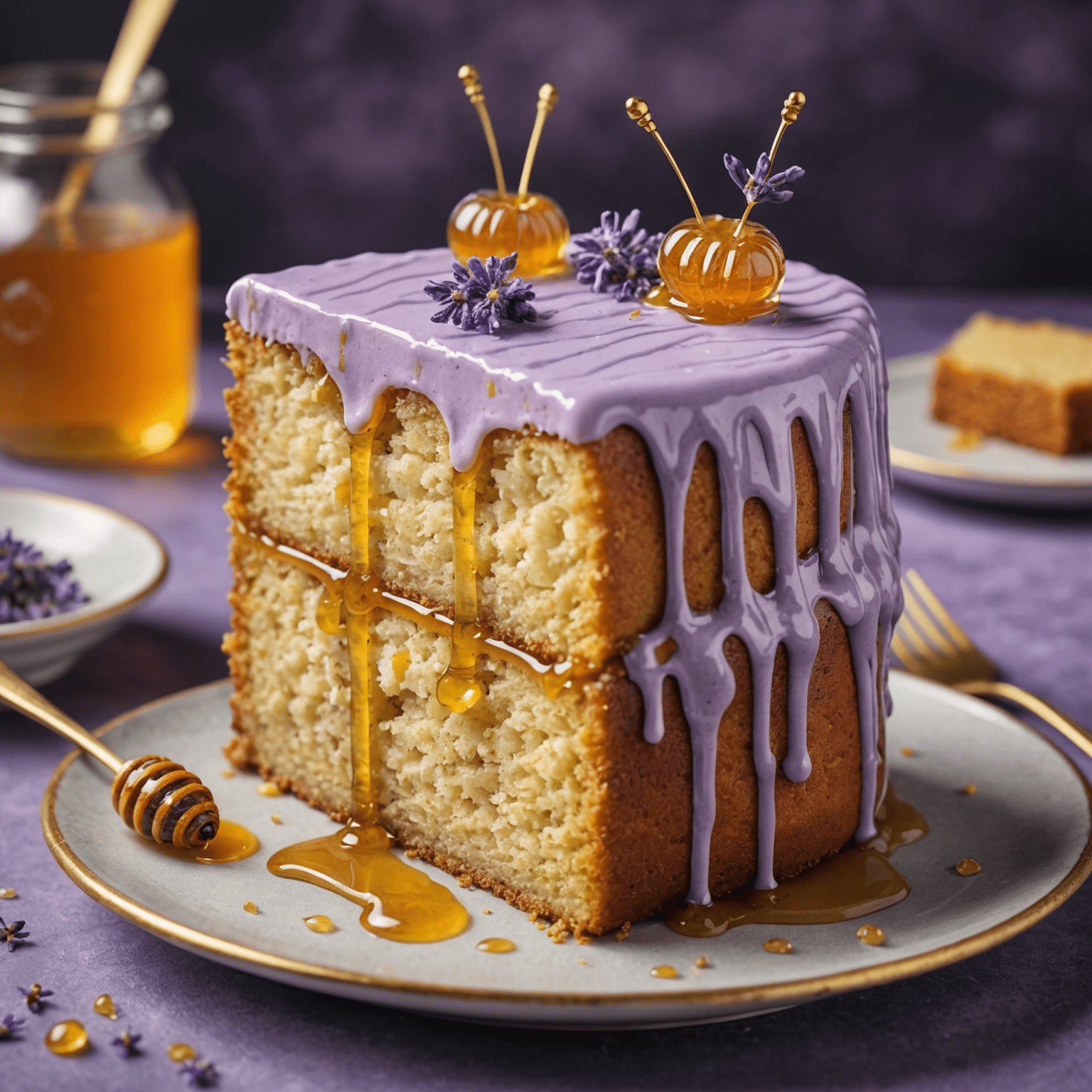 A slice of lavender honey cake with a delicate purple hue and drizzled with golden honey