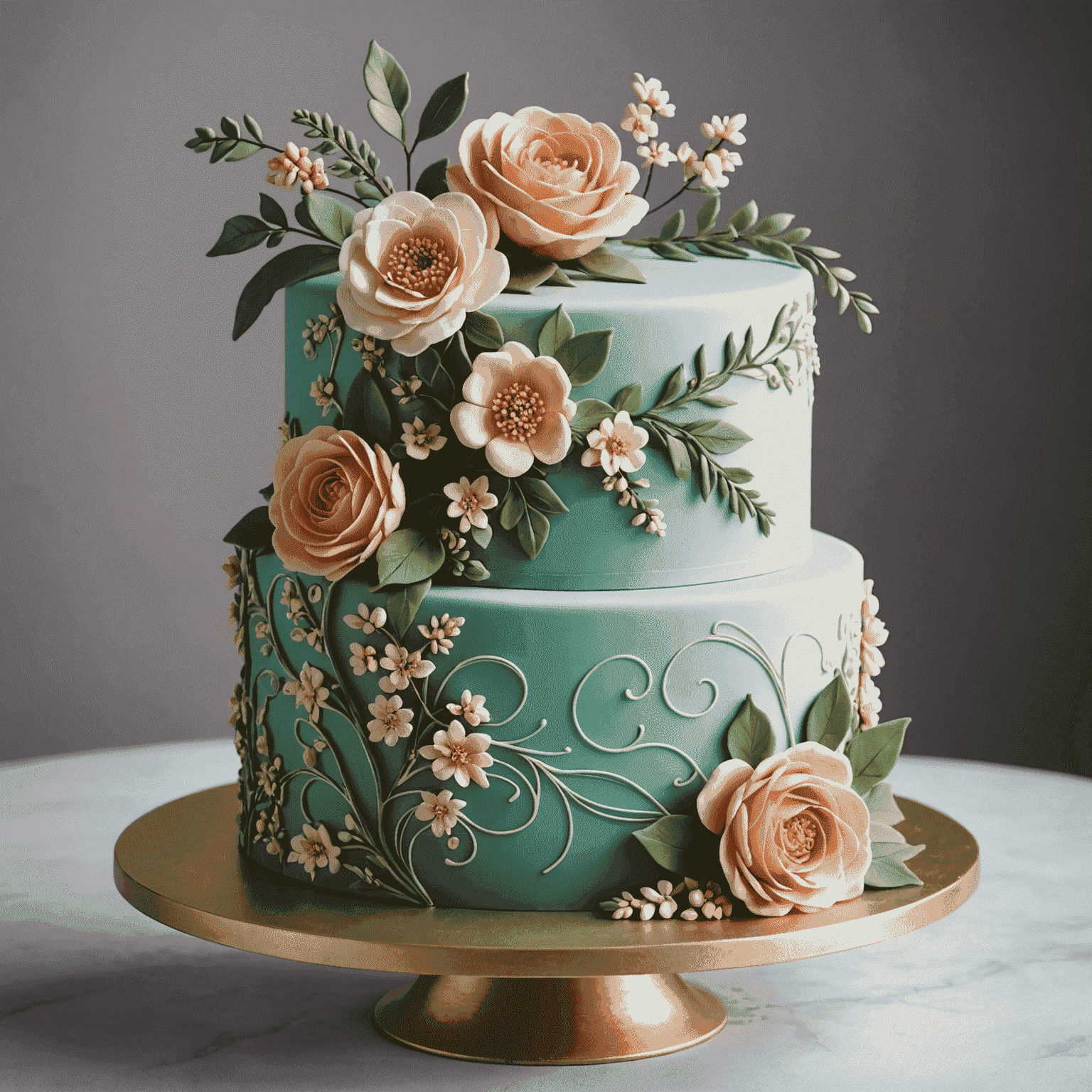 A beautifully decorated cake with intricate floral designs made of fondant and buttercream, showcasing various professional decorating techniques