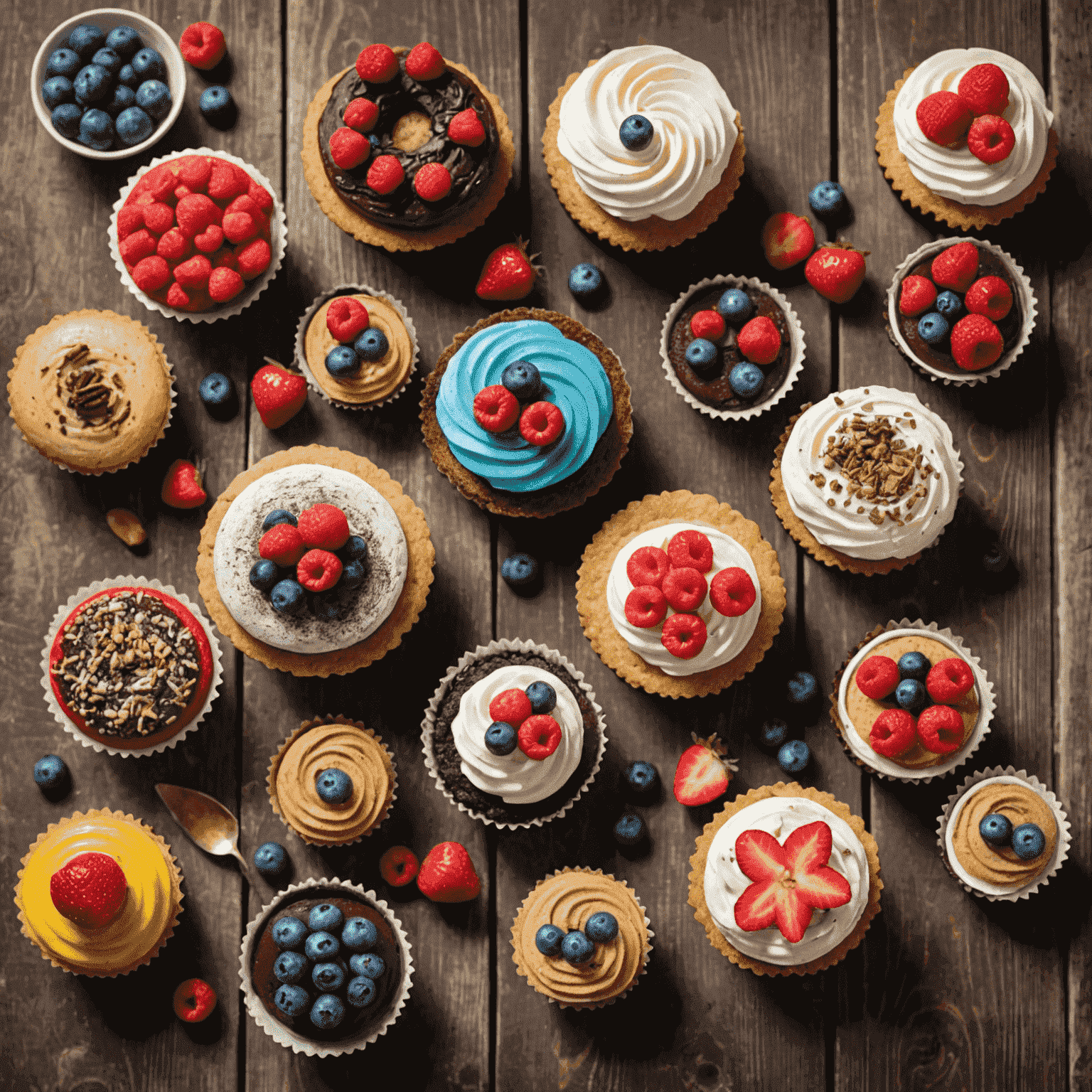 A variety of colorful and appetizing gluten-free desserts displayed on a rustic wooden table, including cupcakes, cookies, and a small cake