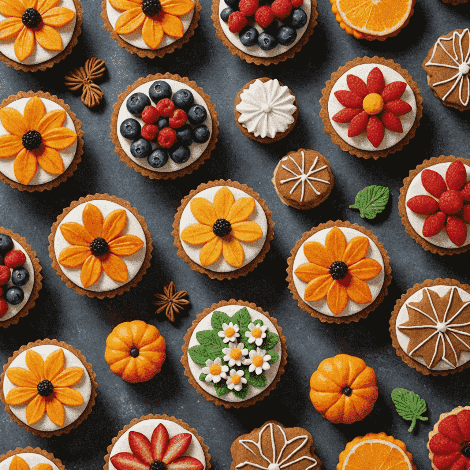 A collage of seasonal desserts: spring flower cupcakes, summer fruit tarts, autumn pumpkin pie, and winter gingerbread cookies