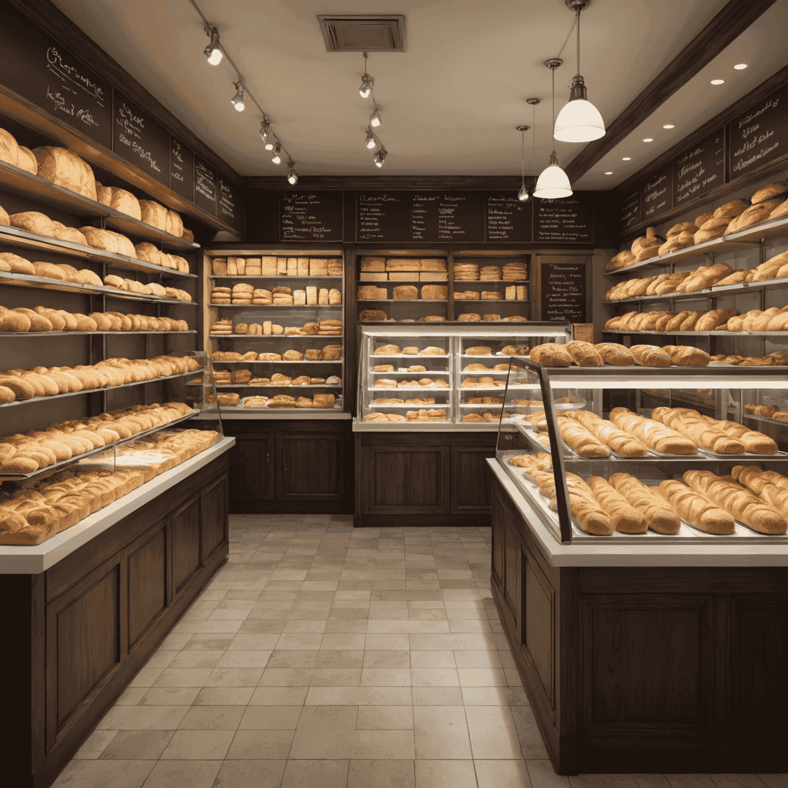 A well-organized bakery interior with display cases full of fresh pastries and baguettes, staff serving customers, and a manager overseeing operations