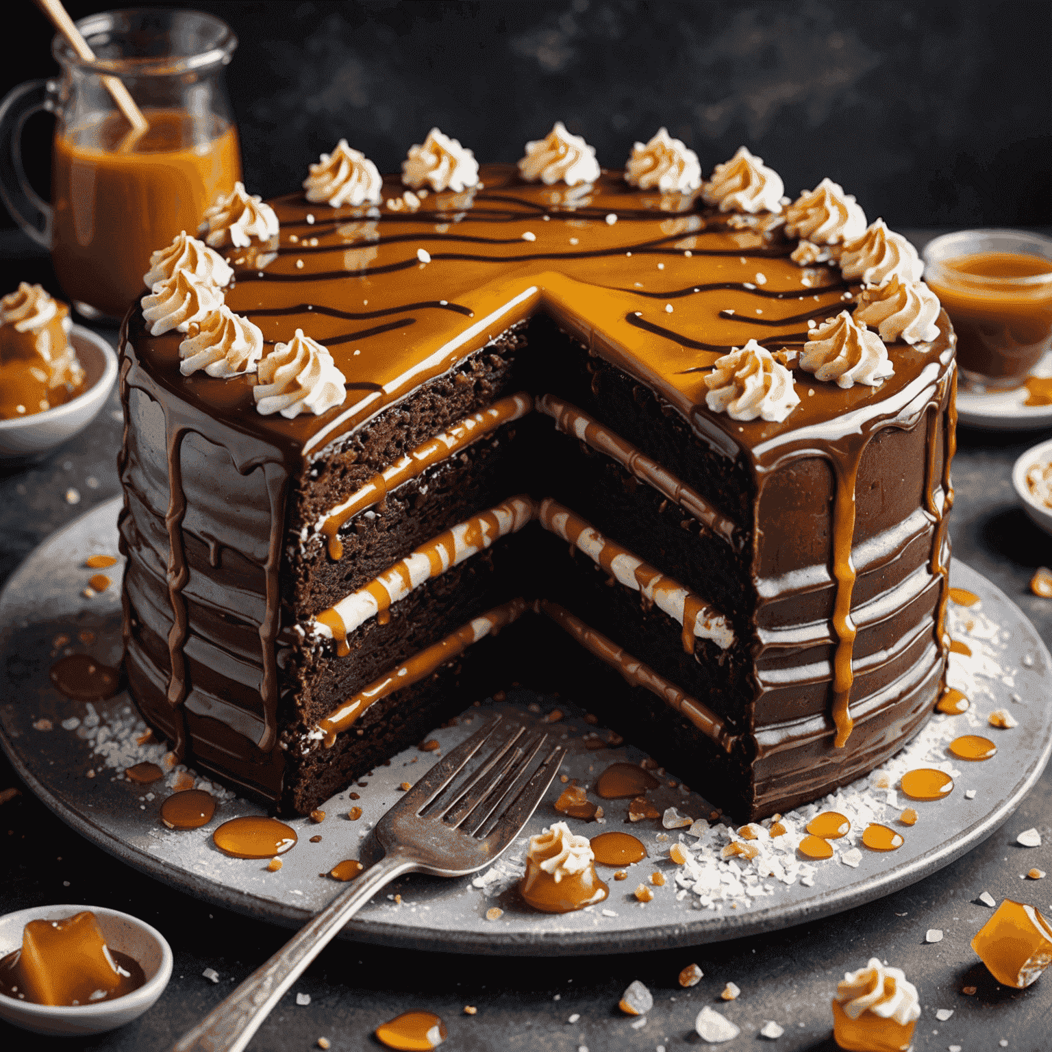 A rich chocolate cake layered with salted caramel, topped with caramel drizzle and sea salt flakes