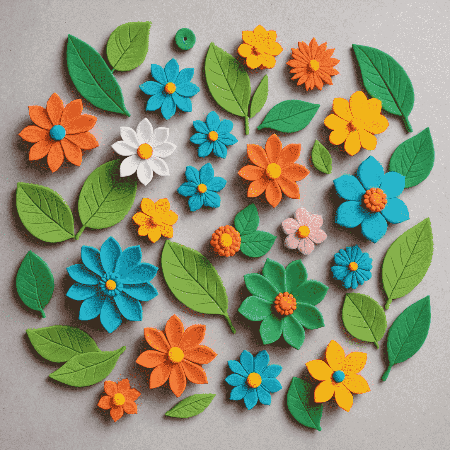 A selection of fondant decorations including flowers, leaves, and geometric shapes in various colors