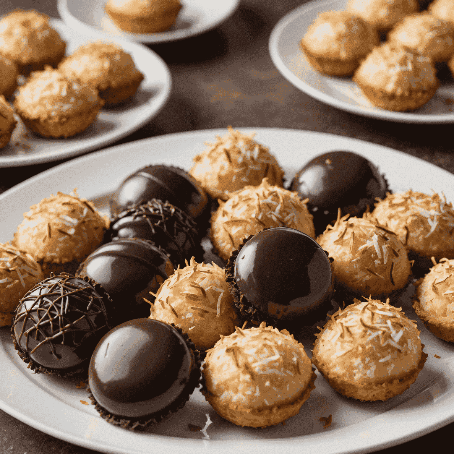 Close-up of golden-brown coconut macaroons, some plain and some dipped in dark chocolate, arranged on a white ceramic plate