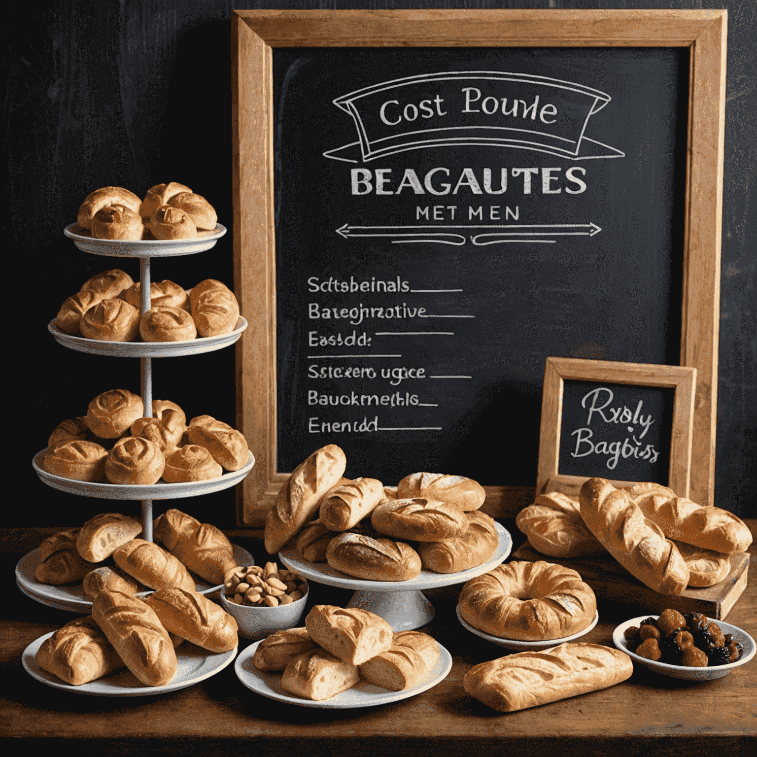 A beautifully arranged display of fresh pastries and baguettes with a chalkboard menu and branded packaging in the background