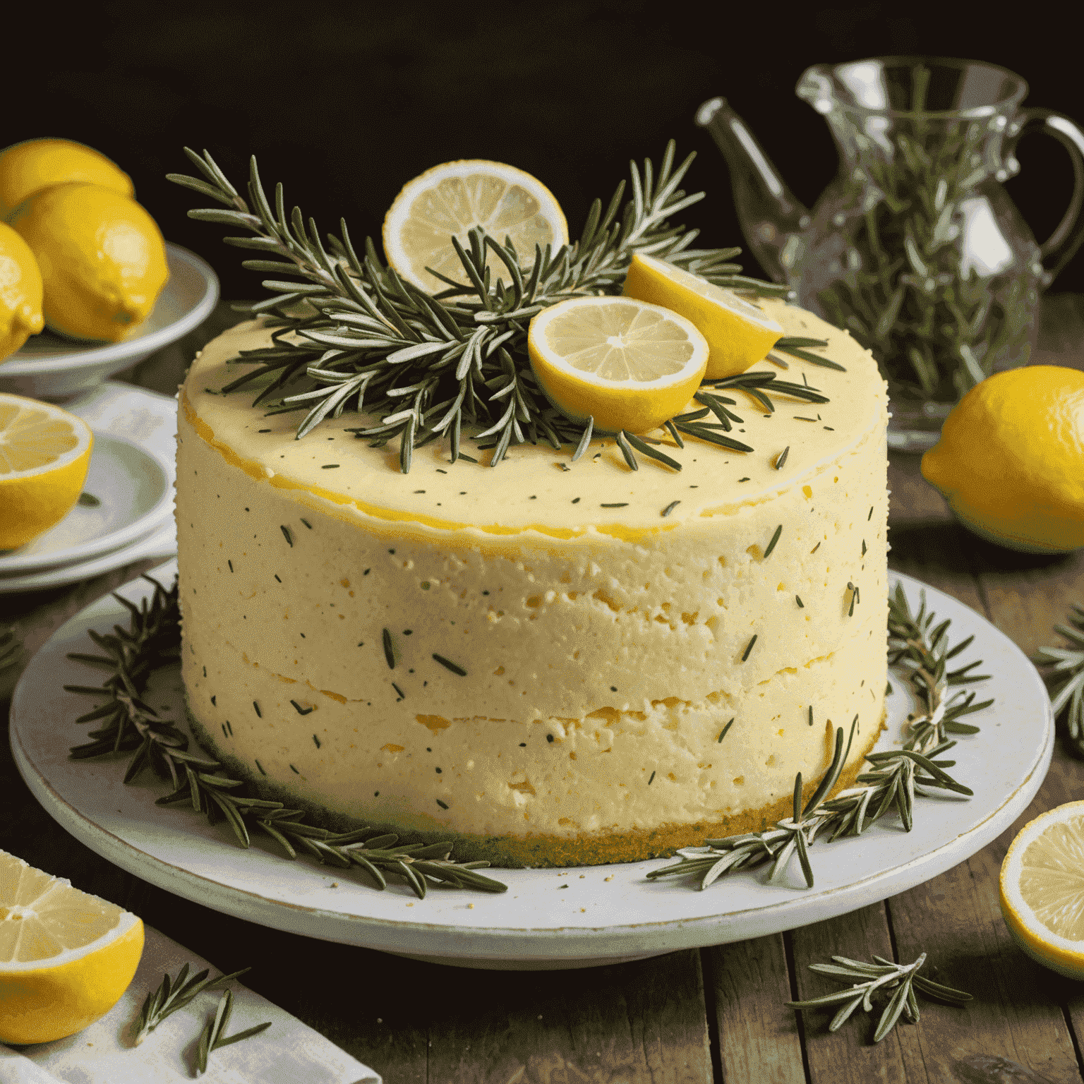 A light yellow cake with flecks of rosemary, garnished with lemon slices and rosemary sprigs