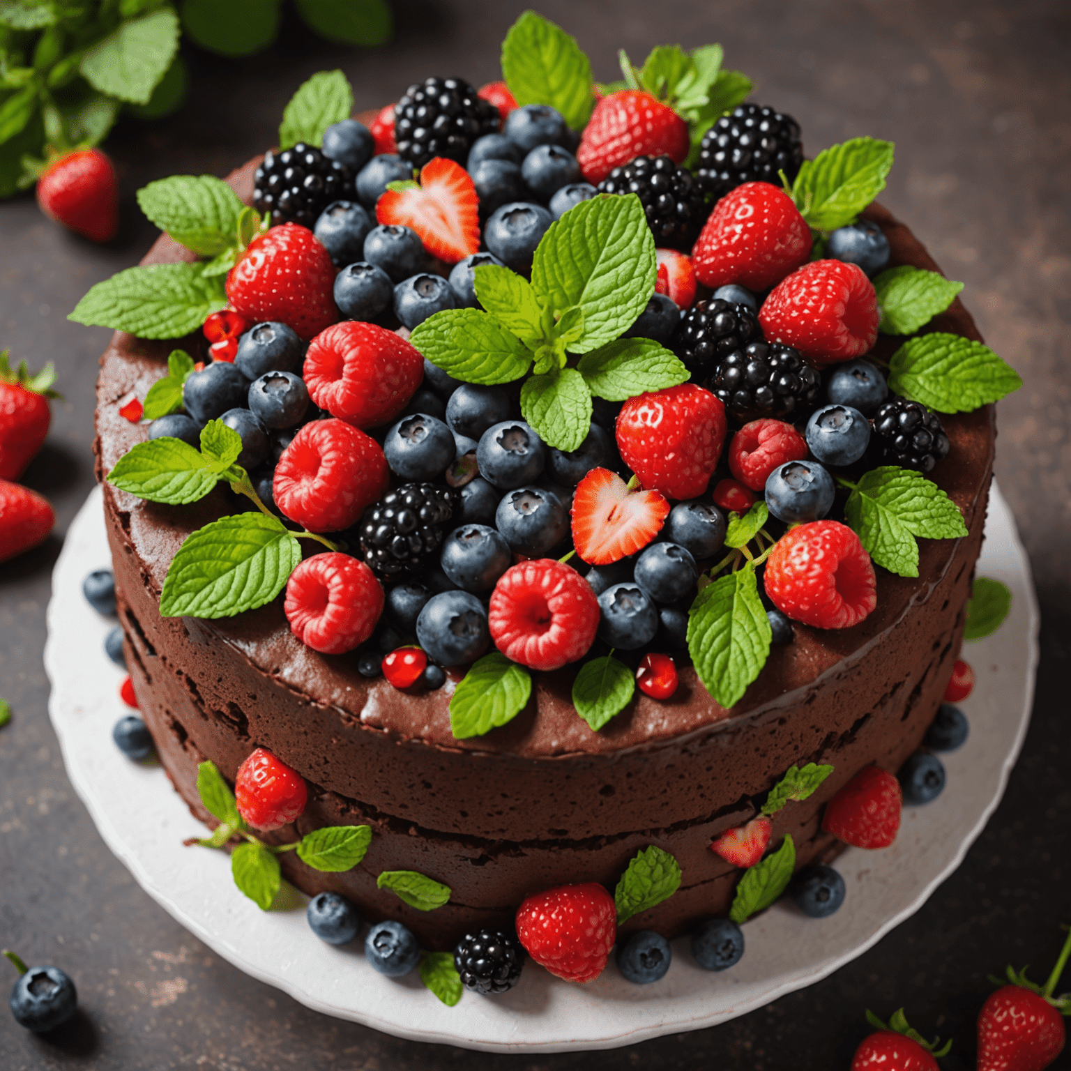 A close-up of a cake decorated with fresh berries, mint leaves, and edible flowers, showcasing natural decoration techniques