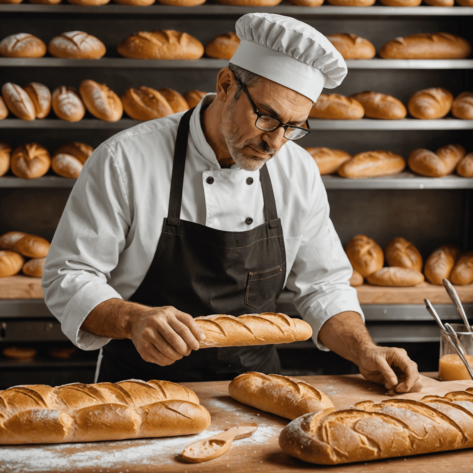 A baker inspecting a freshly baked baguette for quality, surrounded by various tools for measuring and testing baked goods