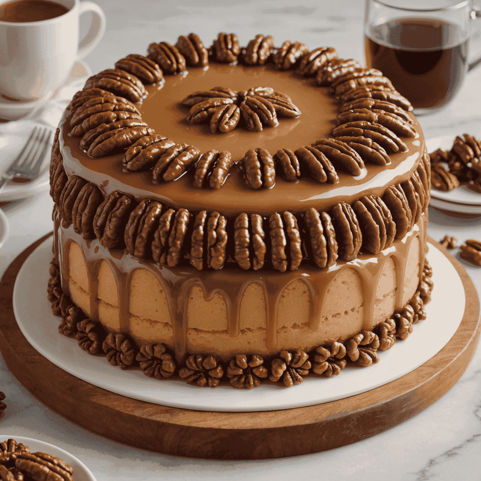 A golden brown cake topped with candied pecans and a glossy maple glaze