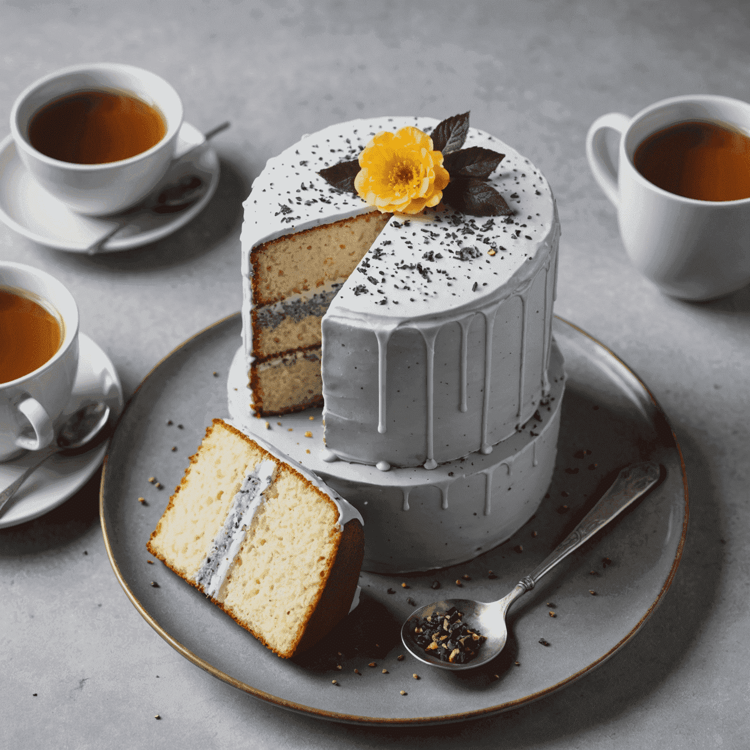 A light grey-tinted cake with visible vanilla bean specks, served with a cup of Earl Grey tea